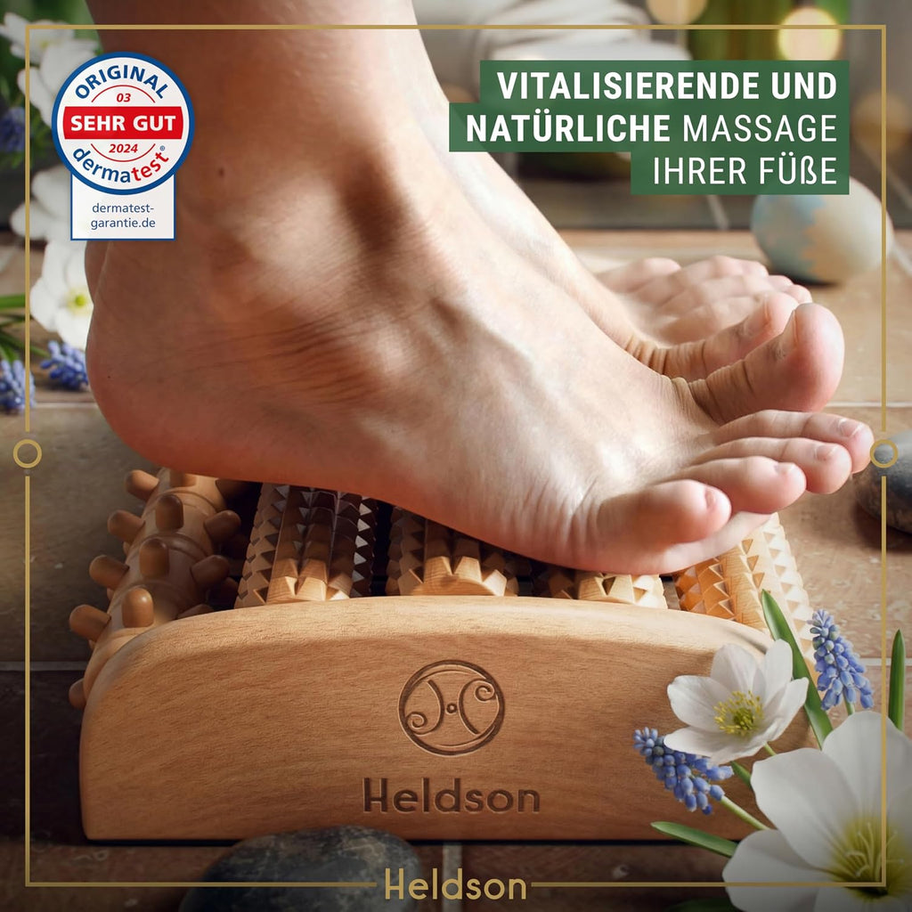 HELDSON Fußmassageroller Holz – Fussmassagegerät Rolle Für Reflexzonen | Dermatest "Sehr Gut", FSC 100% Holz, Extra Breit Für Beide Füße, Akupressur Noppen, Rutschfest, Inkl. Reflexzonenkarte