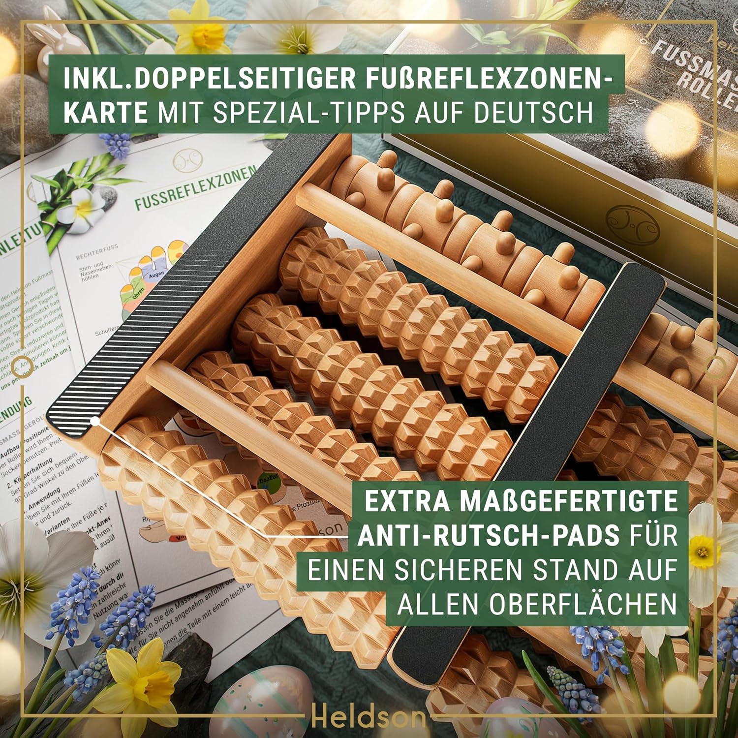 HELDSON Fußmassageroller Holz – Fussmassagegerät Rolle Für Reflexzonen | Dermatest "Sehr Gut", FSC 100% Holz, Extra Breit Für Beide Füße, Akupressur Noppen, Rutschfest, Inkl. Reflexzonenkarte