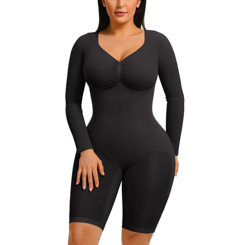 Elevate Your Style with the Feelingirl Women's Long Sleeve V-Neck Tummy Control Bodysuit - Perfect for Any Occasion! - Color: Standard Black, Size: Xs