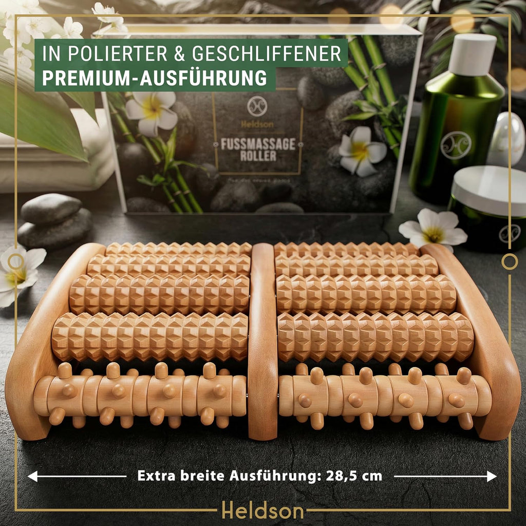 HELDSON Fußmassageroller Holz – Fussmassagegerät Rolle Für Reflexzonen | Dermatest "Sehr Gut", FSC 100% Holz, Extra Breit Für Beide Füße, Akupressur Noppen, Rutschfest, Inkl. Reflexzonenkarte