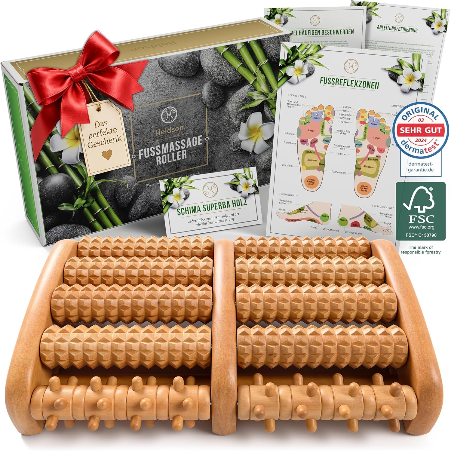 HELDSON Fußmassageroller Holz – Fussmassagegerät Rolle Für Reflexzonen | Dermatest "Sehr Gut", FSC 100% Holz, Extra Breit Für Beide Füße, Akupressur Noppen, Rutschfest, Inkl. Reflexzonenkarte