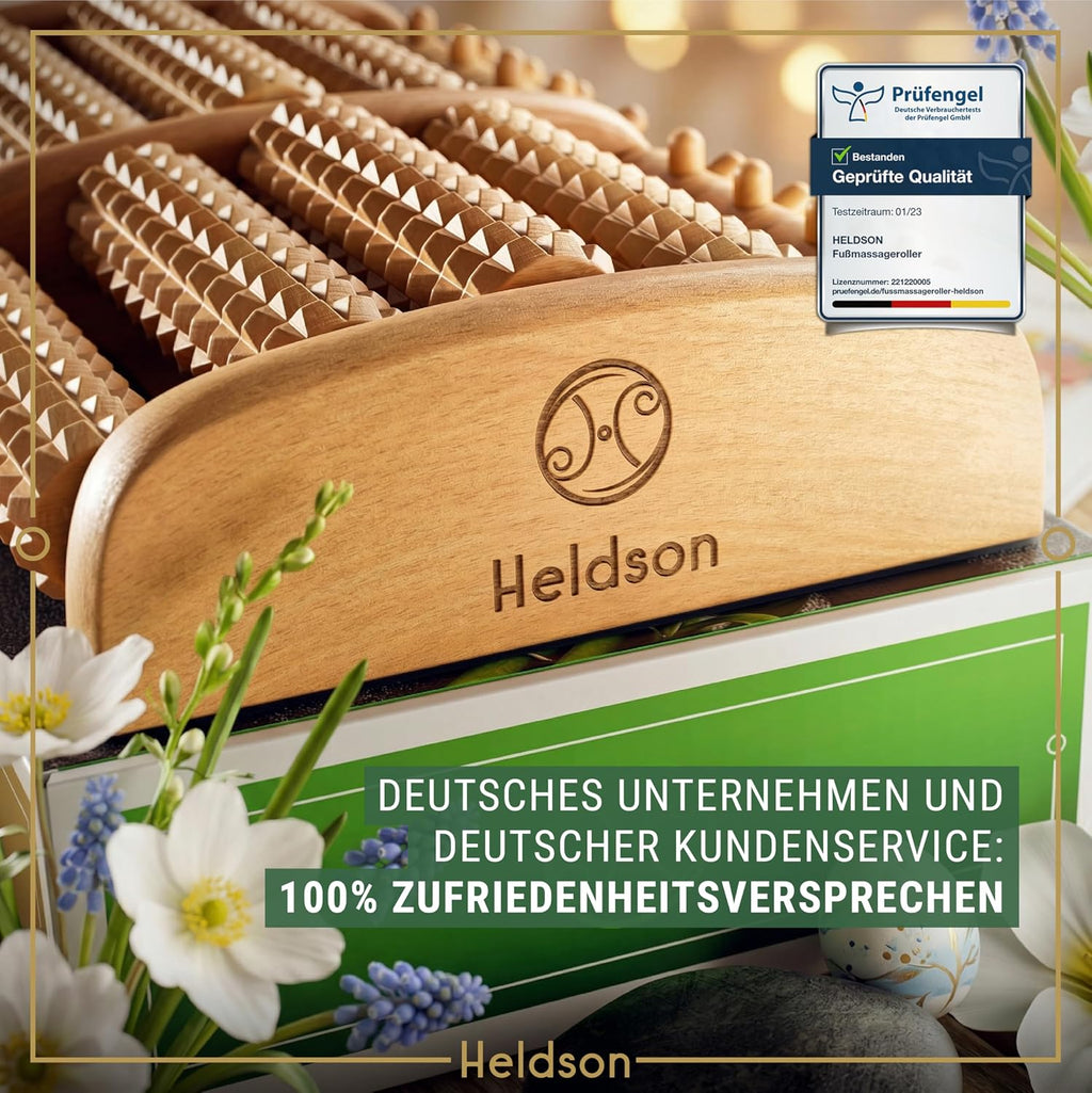HELDSON Fußmassageroller Holz – Fussmassagegerät Rolle Für Reflexzonen | Dermatest "Sehr Gut", FSC 100% Holz, Extra Breit Für Beide Füße, Akupressur Noppen, Rutschfest, Inkl. Reflexzonenkarte