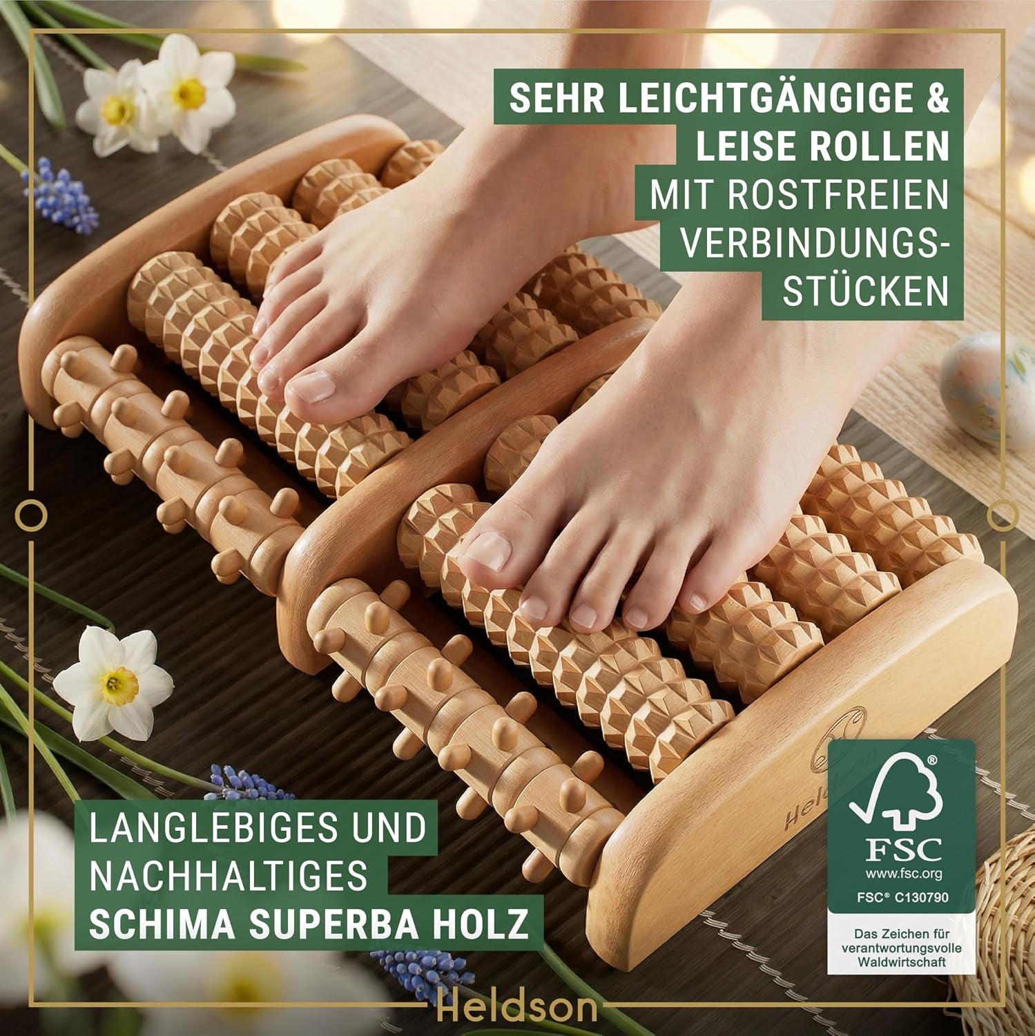 HELDSON Fußmassageroller Holz – Fussmassagegerät Rolle Für Reflexzonen | Dermatest "Sehr Gut", FSC 100% Holz, Extra Breit Für Beide Füße, Akupressur Noppen, Rutschfest, Inkl. Reflexzonenkarte
