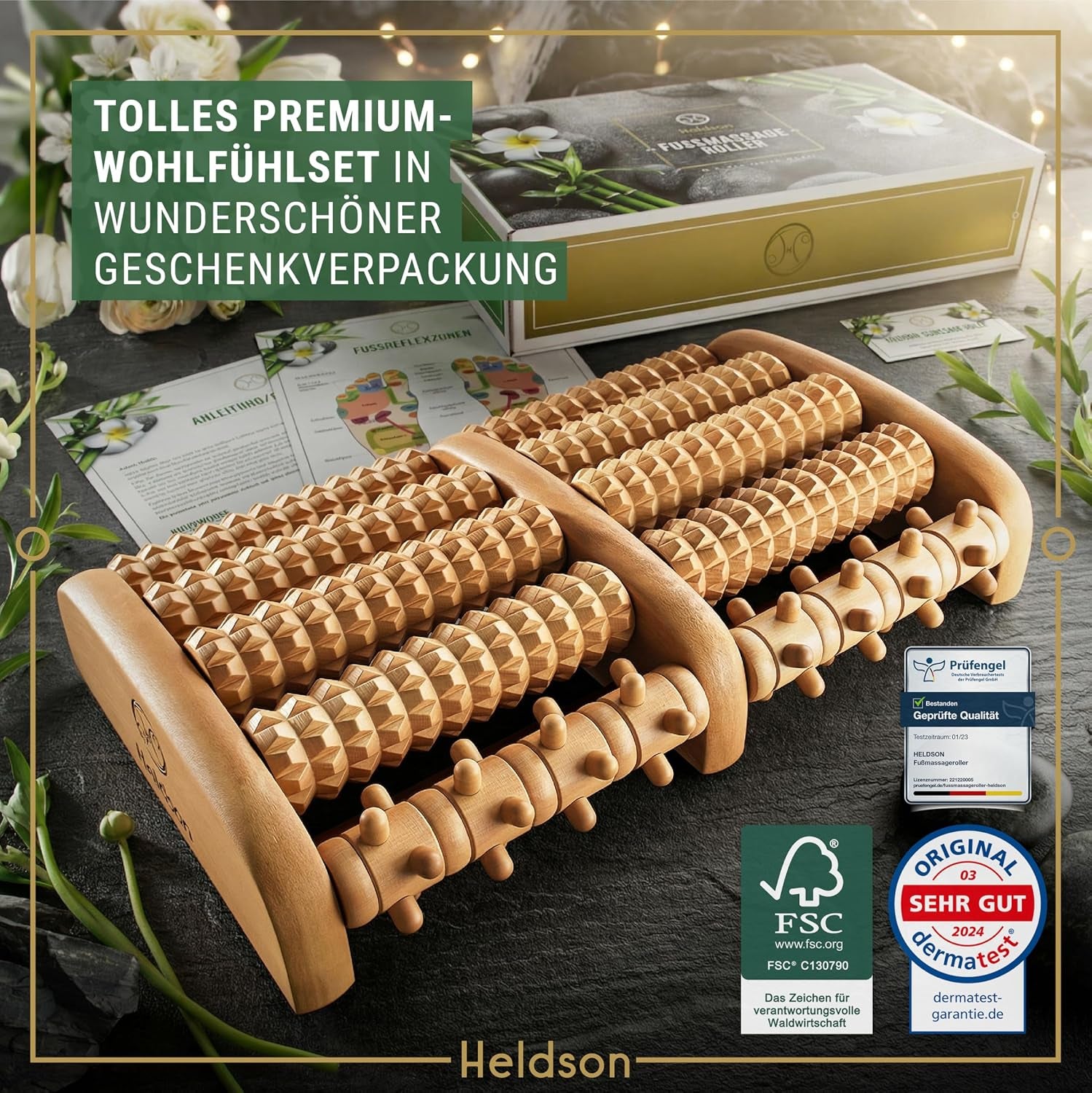 HELDSON Fußmassageroller Holz – Fussmassagegerät Rolle Für Reflexzonen | Dermatest "Sehr Gut", FSC 100% Holz, Extra Breit Für Beide Füße, Akupressur Noppen, Rutschfest, Inkl. Reflexzonenkarte